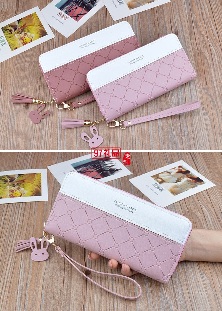 新款手拿包女士錢包女長(zhǎng)款拉鏈流蘇韓版撞色壓花大容量錢夾